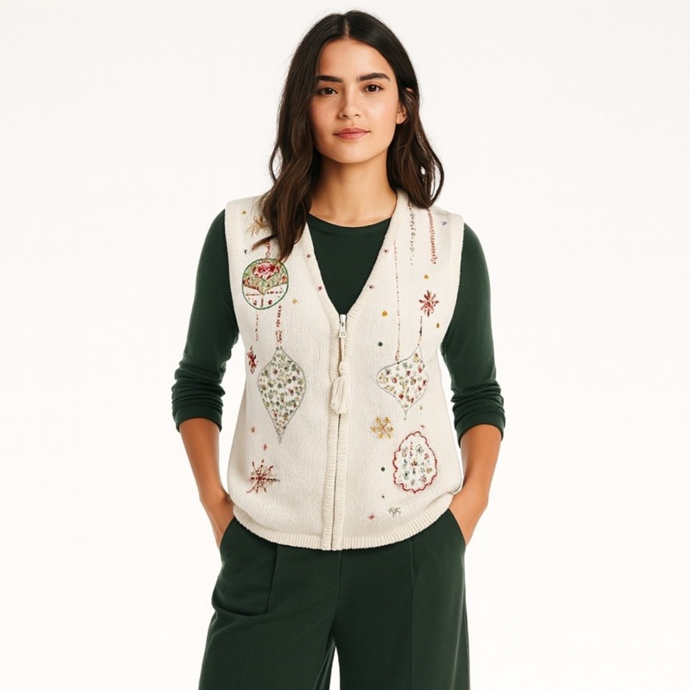 Kim Rogers Sweater Vest Women Cream Beaded Sequin Christmas Holiday Ornaments M